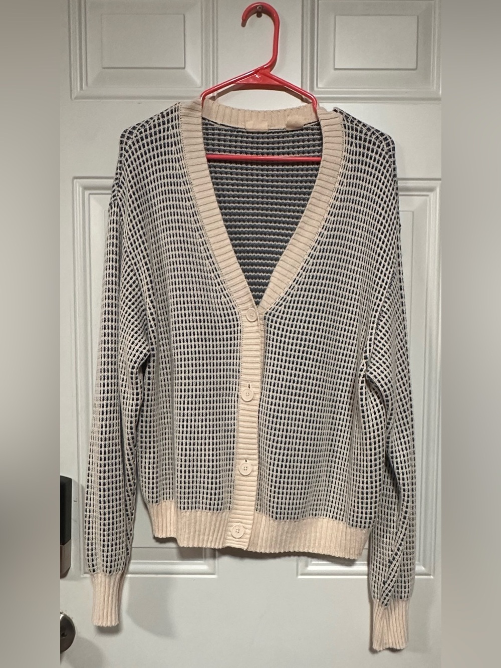 Levi's Cream and Black Grid Knit V-Neck Button Cardigan